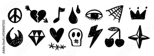 Hand drawn rock music signs and symbols set. Chalk doodle grunge punk collection. Charcoal brush scribble elements, sun, heart, star, skull, cherry bundle. Colorful crayon sketched pack. Vector