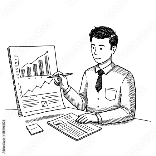 Man analyzing client chart and presenting data, office environment, monochrome sketch. Business analytics, data visualization, financial report, professional consultation, corporate meeting