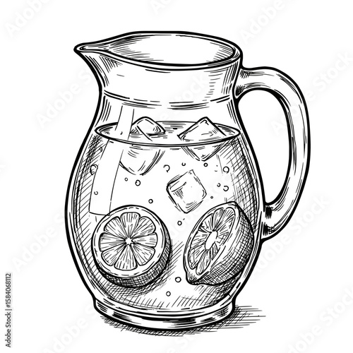 Pitcher with lemonade filled with ice and lemon slices, monochrome sketch. Refreshing summer drink, natural beverage, healthy lifestyle, food and drink visuals, recipe design, cafe menu