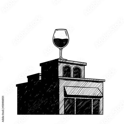 Rooftop bar icon featuring building design with wine glass on top, sketch style, black and white. Urban nightlife, luxury leisure, city entertainment, hospitality industry, travel guide graphic