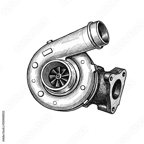 Turbocharger illustration, detailed design, metallic components, black and white. Automotive engine part, power and performance concept, engineering graphic, industrial icon, vehicle technology
