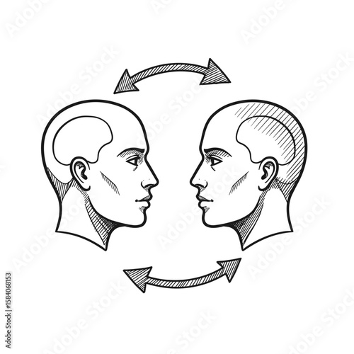Two heads with arrows exchanging thoughts, sketch illustration, black and white. Dialogue, communication, idea sharing, brainstorming, collaboration, psychology, business concept, teamwork visual