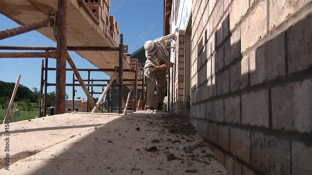 Brick mason laying brick at new home construction Brick mason laying brick at new home construction