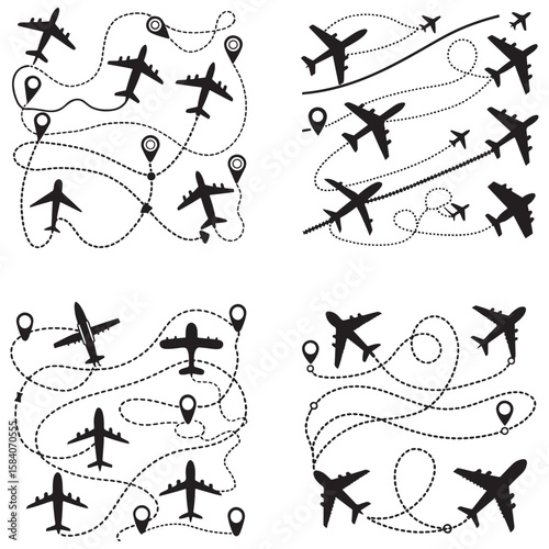  Line path vector icons of air plane flight routes with start point and 
dash line trace.