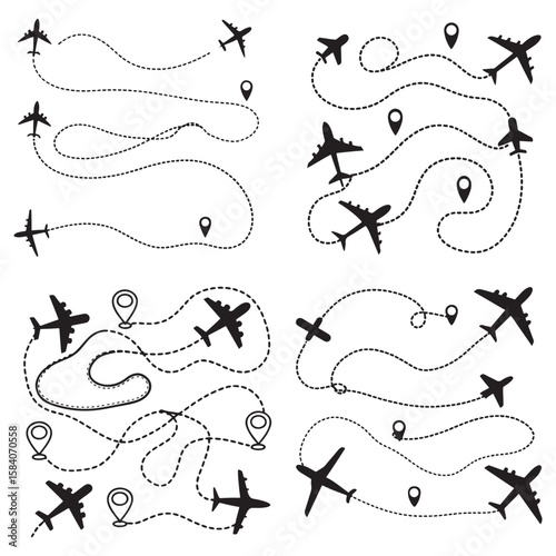  Line path vector icons of air plane flight routes with start point and 
dash line trace.