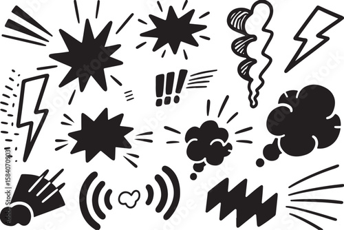 Collection of hand drawn comic book style sound effects and action lines isolated on transparent background