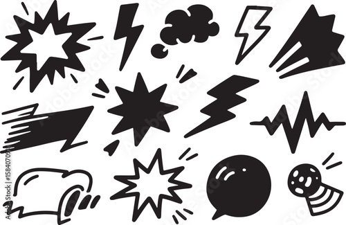 Collection of hand drawn comic book style explosion and lightning bolt elements isolated on transparent background