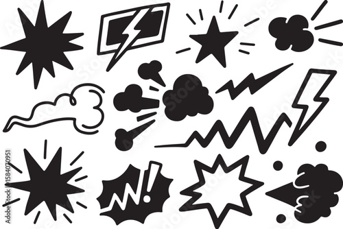 Collection of comic book style sound effects and action elements isolated on transparent background