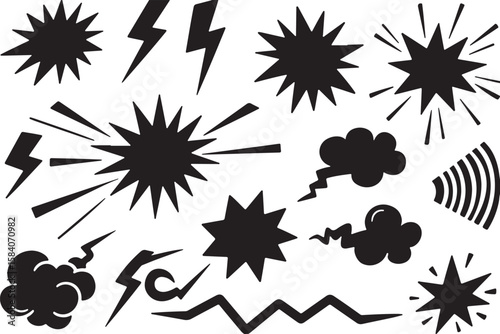 Collection of black comic style explosion starbursts lightning bolts and sound waves isolated on transparent background