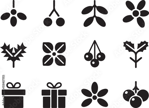 Christmas Holly, Mistletoe, and Gift Icons