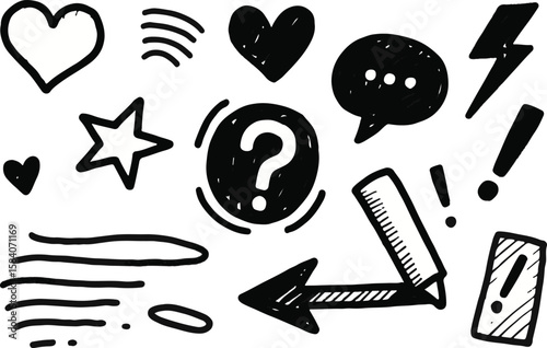 Collection of hand drawn doodle icons including hearts stars lightning bolt question mark speech bubble and arrows isolated on transparent background
