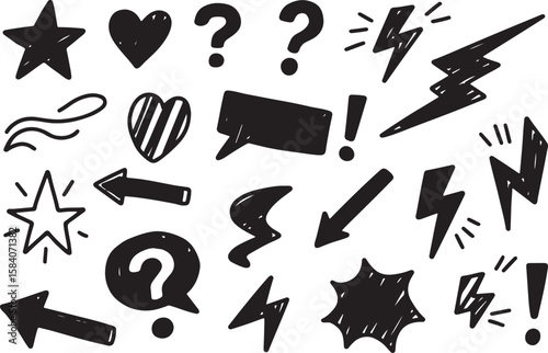 Collection of hand drawn doodle icons including stars hearts question marks arrows lightning bolts and speech bubbles isolated on transparent background