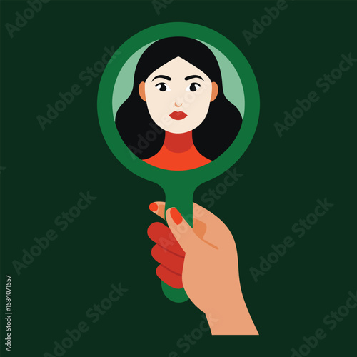Female hand holding small mirror with reflection of sad woman's face with natural make up over dark green background