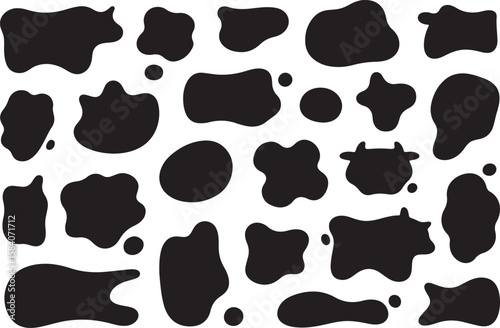 Collection of black irregular organic shapes and spots resembling cow print isolated on transparent background
