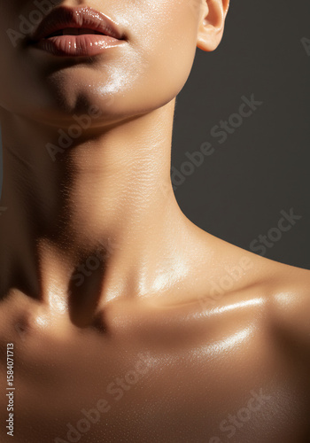 Radiant Beauty Close-Up of a Woman's Neck and Shoulders with Smooth, Healthy Skin and Subtle Lighting Emphasizing its Natural Glow for Skincare Concepts