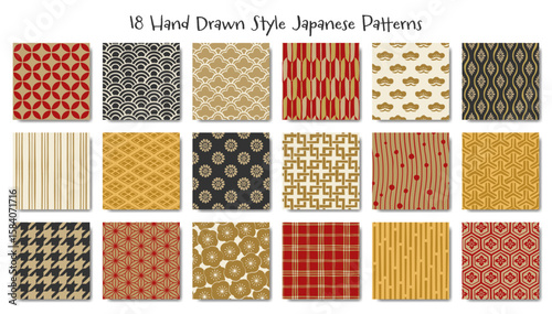 Hand drawn style cute Japanese pattern collection, Seamless vector backgrounds, Retro style
