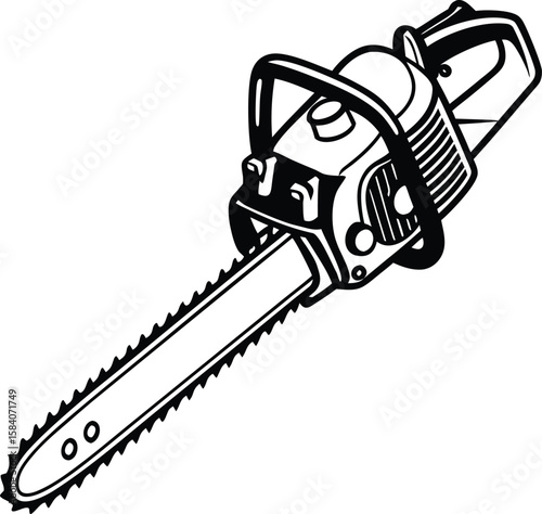Detailed side view illustration of a powerful chainsaw tool in black