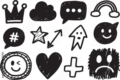 Collection of hand drawn black icons including a crown cloud chat bubble rainbow star arrows smiley faces and heart isolated on transparent background