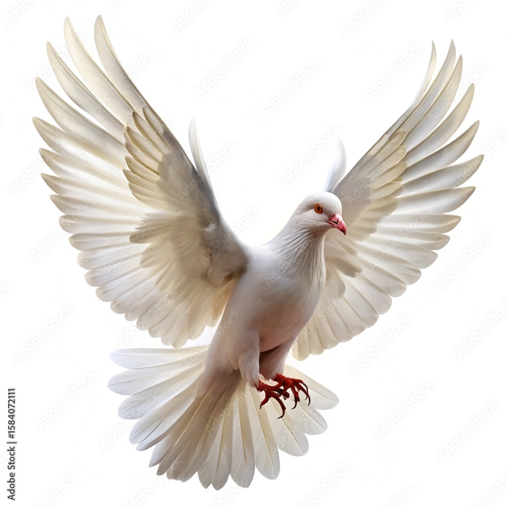 Fototapeta premium White dove in flight, a symbol of peace and love, isolated on white with outstretched wings
