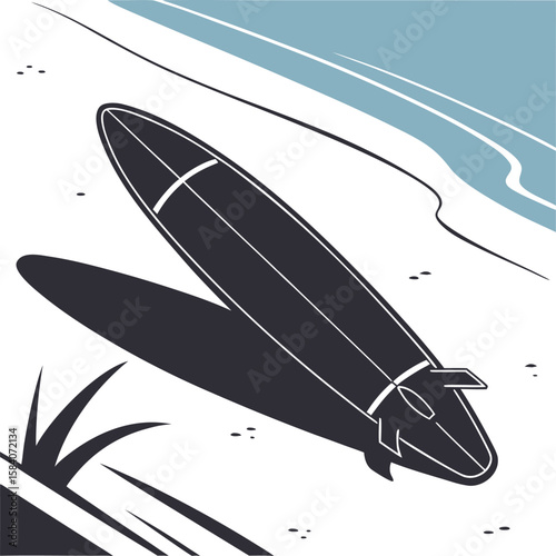 Sleek black surfboard design with realistic shadow details for advertising