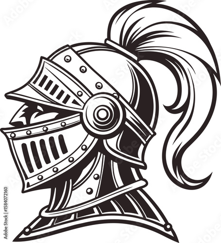 Black filled medieval knight helmet silhouette illustration for historical design