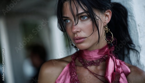 Elegant Woman in Pink Scarf with Intriguing Expression Outdoors