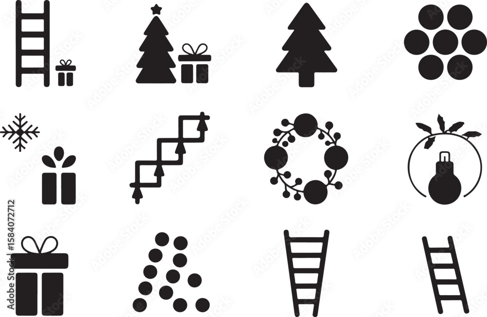 Naklejka premium Christmas Decorations: Ladders, Trees, Gifts, and Holiday Symbols