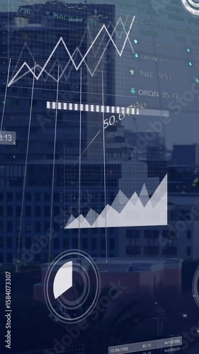 Animation of multiple graphs, trading boards, loading circle and bars over modern city against sky