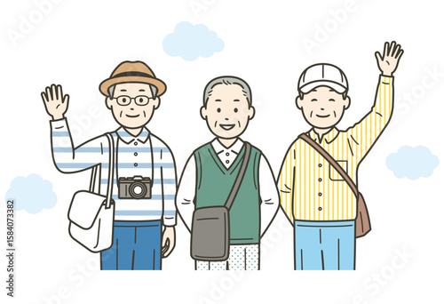 仲の良い高齢男性グループが旅行先で楽しんでいる上半身イラスト
