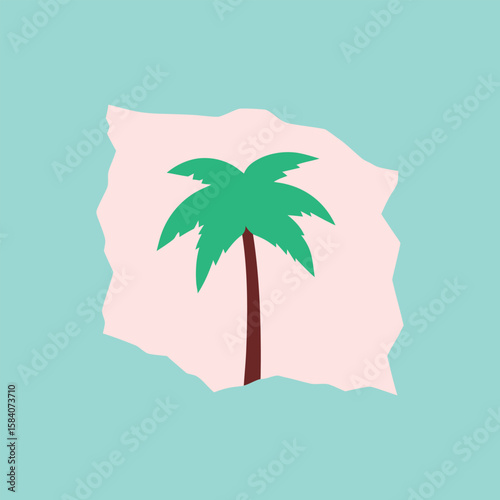 Palm tree against pastel pink torn paper and aquamarine green background
