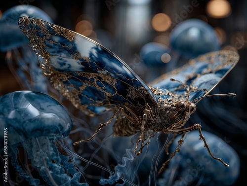 Intricate Butterfly Design Surrounded by Ethereal Blue Jellyfish in Surreal Setting