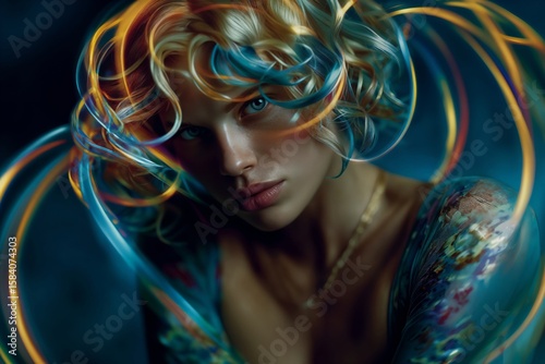 Captivating Portrait of Woman with Glowing Vibrant Hair Under Neon Illumination