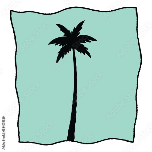 Palm tree against pastel pink torn paper and aquamarine green background