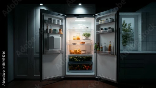 Full refrigerator with various food items at night under a dim light.