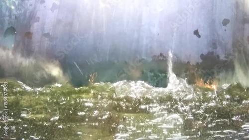 Water falling on glass streaking down to aquarium creating little waterfall