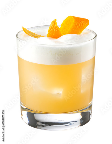 A refreshing whiskey sour cocktail garnished with an orange twist, showcasing its creamy frothy head and icy contents isolated on transparent background.