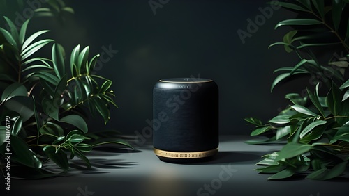 a black smart speaker with elegant gold accents, placed among lush green foliage, set against a dark moody background