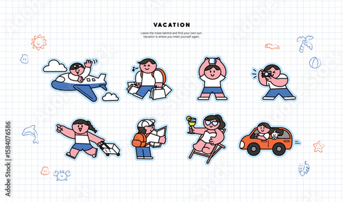 Character illustration stickers for people going on summer vacation