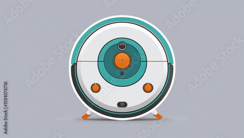 A stylized illustration of a teal and white robotic vacuum cleaner.