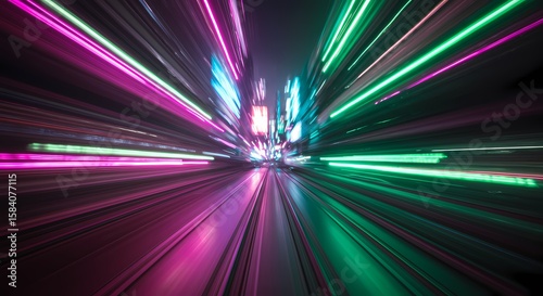 Abstract Neon Streaks of Light Speeding Through a Futuristic Cityscape at Night