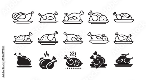 Steaming Hot Chicken Meal Icons Set, Holiday Roast Chicken and Turkey Icon Bundle, vector illustration eps 10.