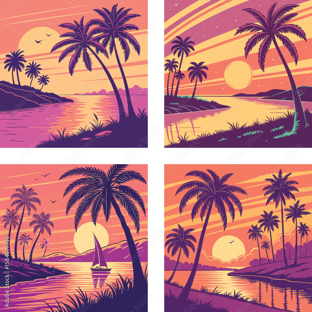 Obraz premium A sunset reflecting on water with neon palm tree shadows.