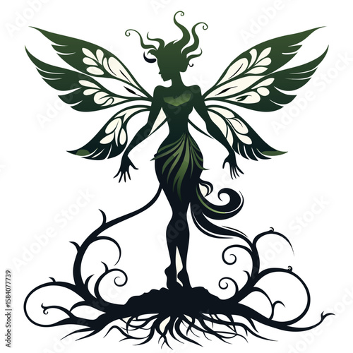 Enchanting silhouette of a nature fairy with leafy wings and rooted base symbolizing growth and mystical connection to the earth