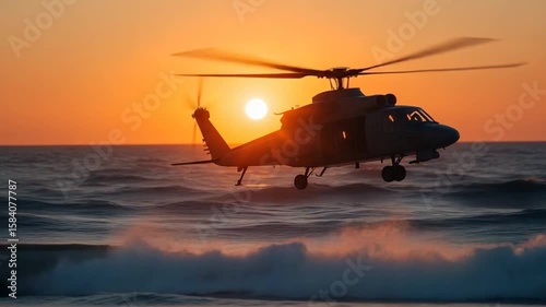 Dramatic Helicopter Flight Over Ocean at Sunset Awe-Inspiring Aerial Display Against Fiery Sky
