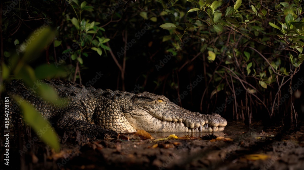 Obraz premium Salty Crocodile Resting Peacefully in Mangrove Shadows Under Ambient Dark Light During Twilight Hours