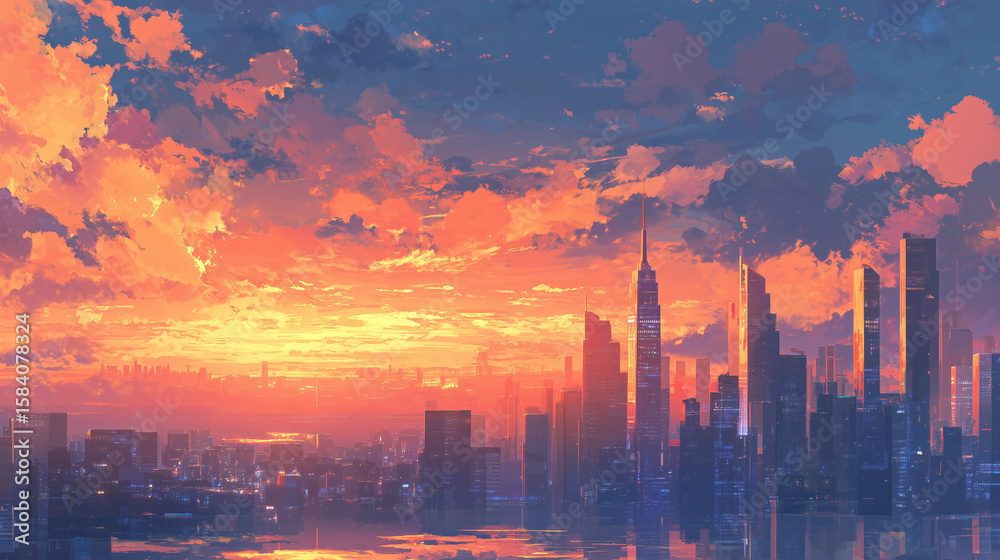 Fototapeta premium Fiery Sunset Over City Skyline