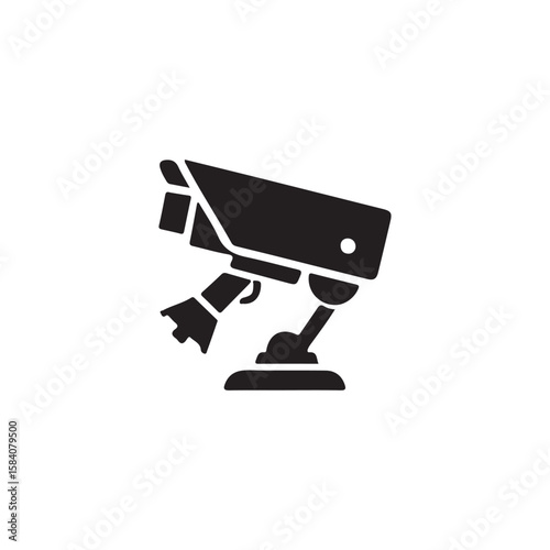 Security Surveillance Camera Icon.Simple, solid black icon of a security surveillance camera mounted on a stand.
