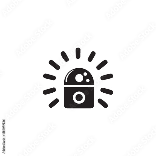 Security camera icon with radiating light.A simple, black and white graphic of a security camera emitting a bright burst of light.