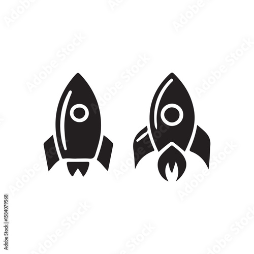 Two simple rocket icons, ready for launch.This image features two black silhouette rocket icons against a pure white background.