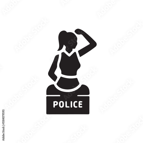 Female police officer in a stylized silhouette.A simple, black silhouette of a female police officer, seated on a police box, with one arm raised.